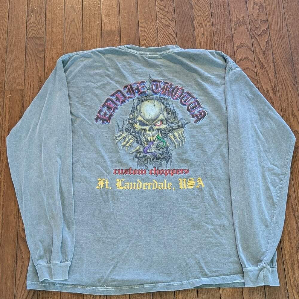 Y2K Faded Biker Skeleton Eddie Trotta Custom Choppers Long Sleeve Shirt - Size X